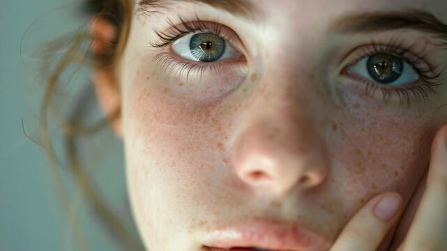 A detailed shot capturing the expression and features of a young woman with freckles.