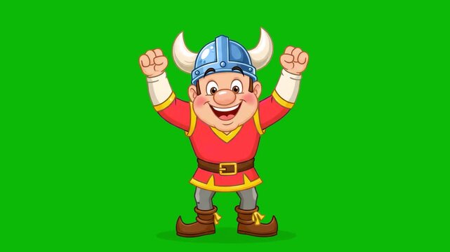 A cheerful 2D animation of a viking character with a horned helmet and red tunic. The character is performing a joyful dance routine with arms raised, isolated on a chroma key green screen. Optimized 