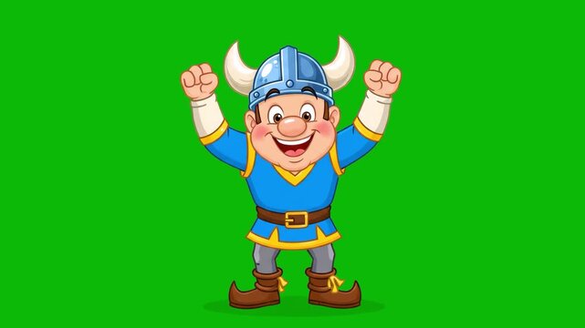 A happy 2D cartoon viking with a blue tunic and horned helmet raises his fists in celebration. This character animation is perfect for children's apps, game trailers, or humorous storytelling on a chr