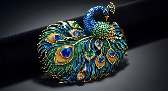 A stunning peacock brooch with vibrant blue and green feathers and precious gems