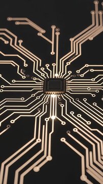 Futuristic Microchip with Animated Data Circuit Lines on Dark Background.