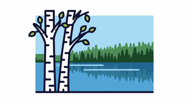 Stylized birch trees frame a tranquil lake with a distant forest reflection