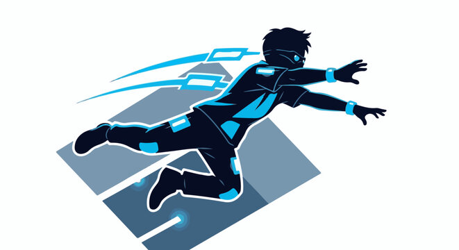 Stylized figure in motion, a dynamic silhouette against abstract geometric shapes, with bright blue accents