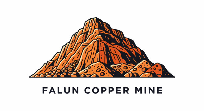 Stylized illustration of a rugged, orange mountain with dark shadows, and text below