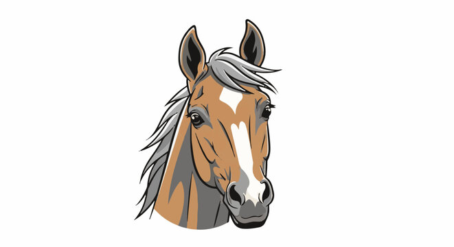 Stylized brown and white horse head with flowing gray mane and white blaze