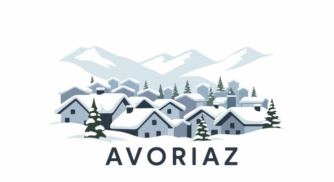 Snowy mountain village with pine trees and soft, rolling hills