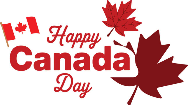 Happy canada day text with canada flag and maple leaves isolated on transparent background.