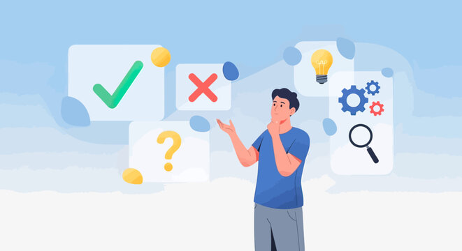 Man thinking with question marks symbols.