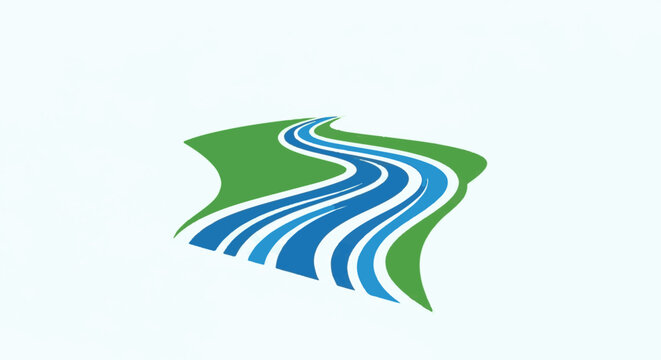 Stylized flowing river and green banks, abstract representation of nature's flow