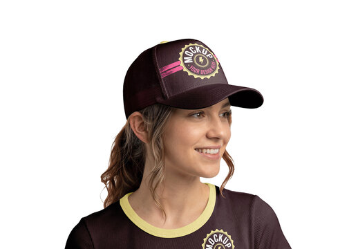 Trucker Cap Worn By A Young Woman Mockup