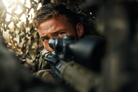 Sniper in Camouflage Looks Through Scope While Hidden in the Brush During Early Morning Light