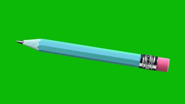 A close-up 3D light blue hexagonal pencil with a metal ferrule and eraser tip lying horizontally, isolated on a solid green chroma key background. Suitable for educational promos, back-to-school clips
