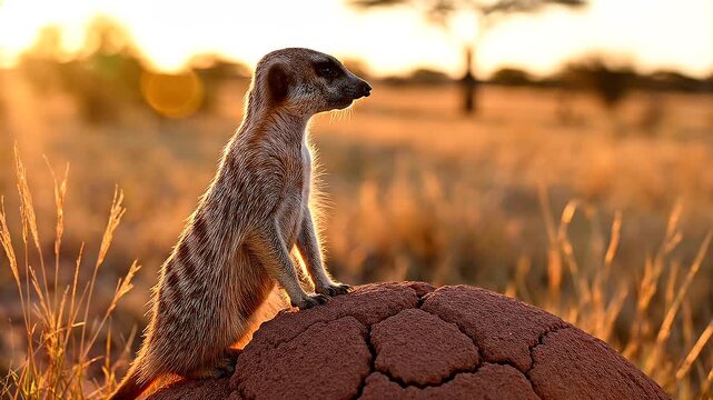 Meerkat stands alert atop a termite mound during a golden African sunset