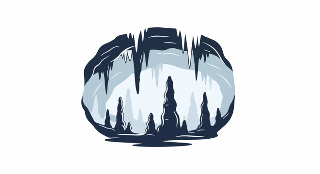 Stylized illustration of a dark cave interior with stalactites and stalagmites