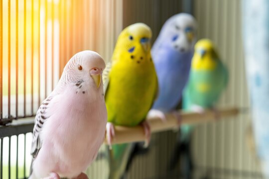 Colorful Budgerigars Sit on a Perch Inside a Cage in the Morning Light