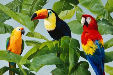 Obraz premium Colorful Parrots and Toucan Gathered on Green Leaves in a Tropical Setting During Daytime
