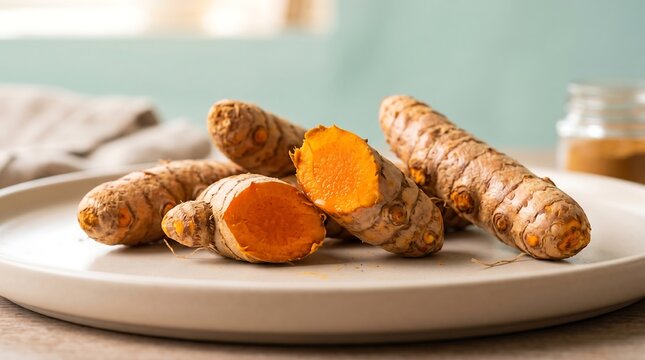 Vibrant Orange Turmeric Roots with Broken Piece Showing Inner Color on Teal Pastel Background &mdash; Premium Wellness Photography
