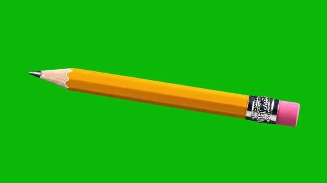 A classic yellow 3D pencil with a silver ferrule and black eraser is shown at a horizontal angle. Perfect for educational videos, office supply commercials, or creative school-themed motion graphics.