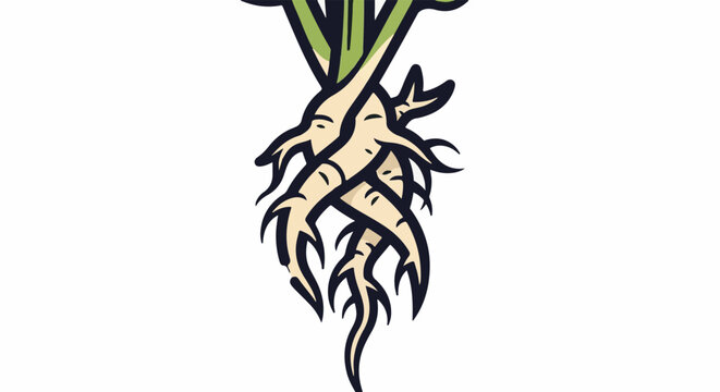 Stylized illustration of intertwined root vegetables with green leaves
