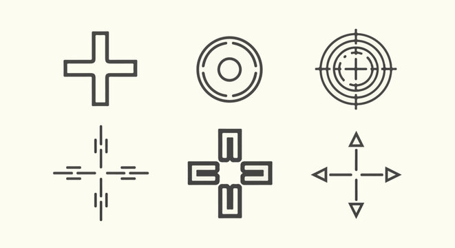 Six simple line icons with cross and circle shapes in a grid