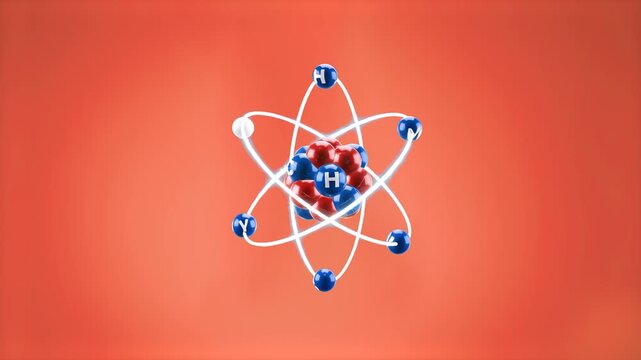 A stylized 3D science animation showing a blue and red nucleus with electrons orbiting on white paths. Ideal for educational physics content, chemistry lessons, or scientific research concepts.