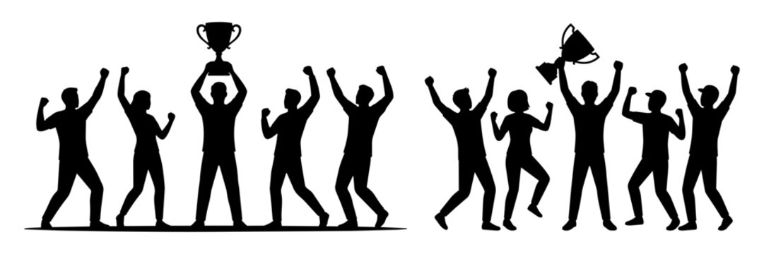 Silhouette of a winning team celebrating with a trophy, crowd of people cheering for a victory and success