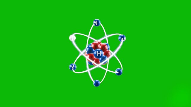 A professional 3D animation of a Helium atom model with orbiting electrons and a central nucleus. The asset features a rhythmic rotating motion, isolated on a chroma key green screen for scientific an