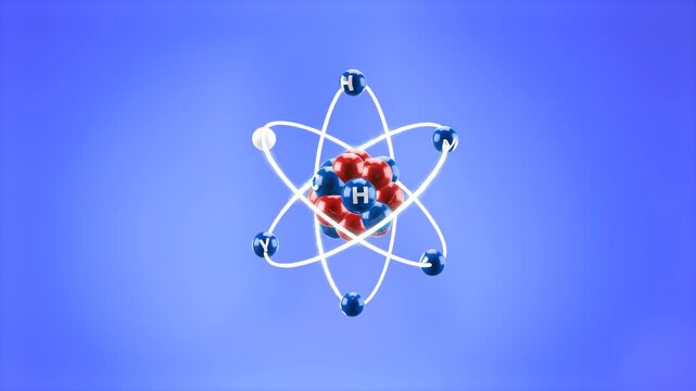 A stylized 3D animation of an atom featuring a red and blue nucleus with white electrons orbiting on circular paths. This scientific visualization is perfect for educational content, physics lessons, 