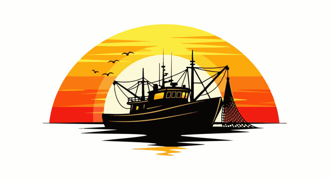 Silhouette of a fishing trawler at sunset with gulls flying overhead
