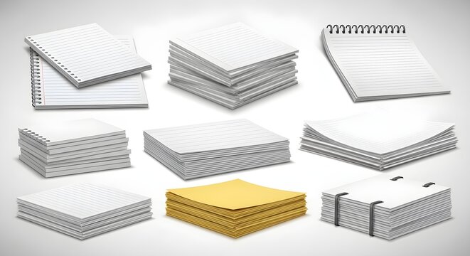 Set of realistic paper stacks and notebooks isolated on white background