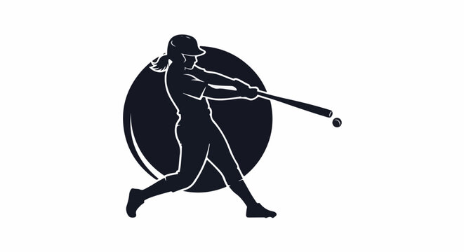 Silhouette of a female baseball player mid-swing against a dark circular background