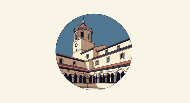 Stylized illustration of a historic building courtyard with a bell tower and arcades