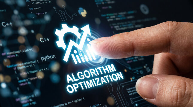 Algorithm optimization ai startup chinese code data analysis machine learning software development finger touching glowing interface modern