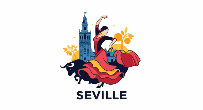 Stylized depiction of Seville's iconic imagery bull, flamenco dancer, Giralda tower, and orange trees