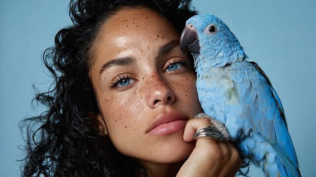 Young woman with curly hair and freckles poses with a blue parrot on her shoulder against a light blue background, showcasing a close-up portrait of both subjects