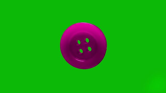 A high-quality 3D animation of a pink plastic clothing button with four holes. Set against a chroma key green screen, this isolated asset is perfect for craft tutorials, clothing design advertisements