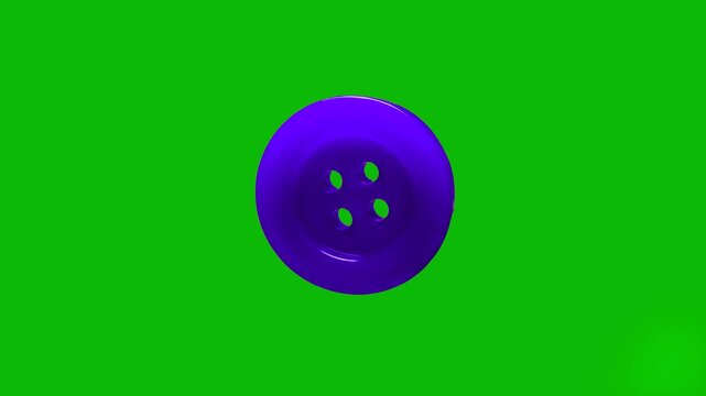 A professional 3D animation of a classic four-hole purple clothing button. The asset is isolated on a chroma key green screen for easy compositing in fashion, tailoring, or DIY-themed video projects.