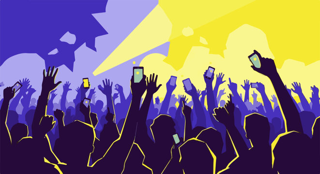 Silhouette crowd with raised hands and phones, illuminated by stage lights