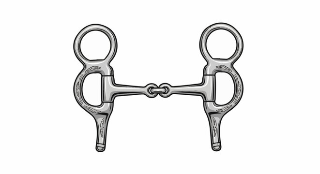 Shiny metal horse bit with double rings and engraved details on the cheek pieces