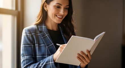 Naklejka premium A professional woman in a blue plaid blazer smiling while writing in a notebook near a window in a modern office setting