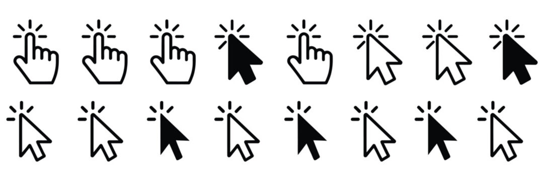 Cursor pointer icon collection, arrow and hand click symbols for web navigation and interaction, mouse cursor icons, simple modern vector design for digital interfaces.