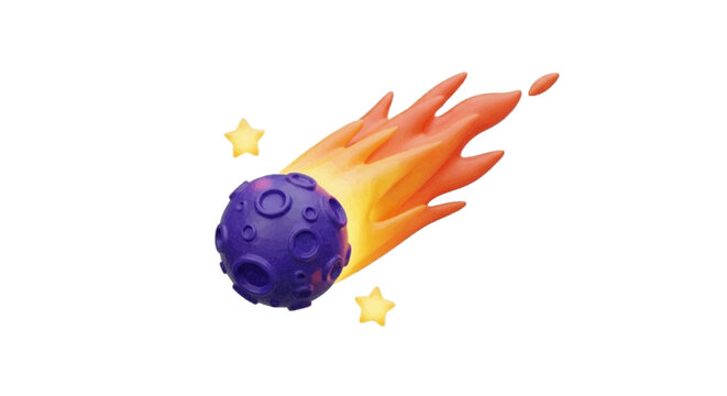 Vector illustration&nbsp;of 3d render of a purple cratered meteor with a fiery tail on a transparent background