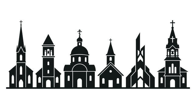 Silhouette of various church buildings with different architectural styles. This illustration depicts several church structures, each with unique features, suggesting a diverse collection