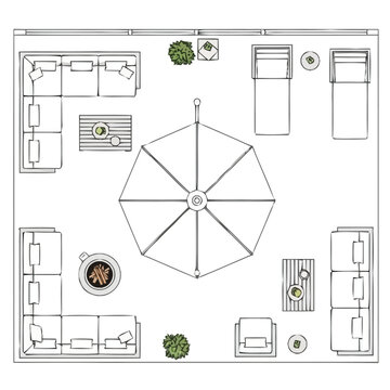 Aerial overhead view of a meticulously planned outdoor living space arrangement featuring comfortable seating a central umbrella canopy lounging chairs natural greenery elements and a fire pit