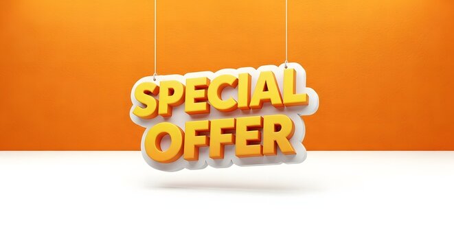 A special offer sign hanging from a string against an orange and white background