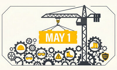 Obraz premium May 1 Workers Day Industrial Illustration with Crane and Safety Equipment