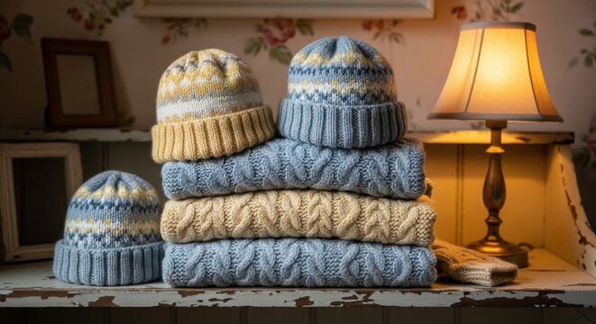A Cozy Stack of Warm Knitted Children's Sweaters and Matching Hats Displayed Indoors