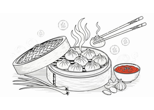 Steaming hot dim sum dumplings in a bamboo steamer basket coloring page illustration vector line art for Chinese restaurant menu design and Asian food culinary school educational activity book.