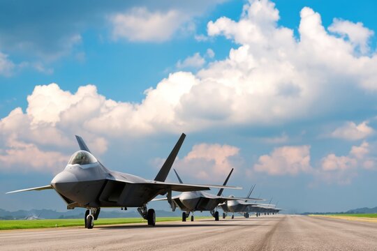 Military Jets Lined up on Runway During Daylight at an Airbase in a Clear Sky