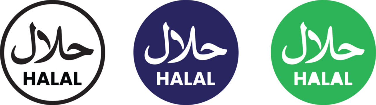Halal certification logos in black, blue, and green